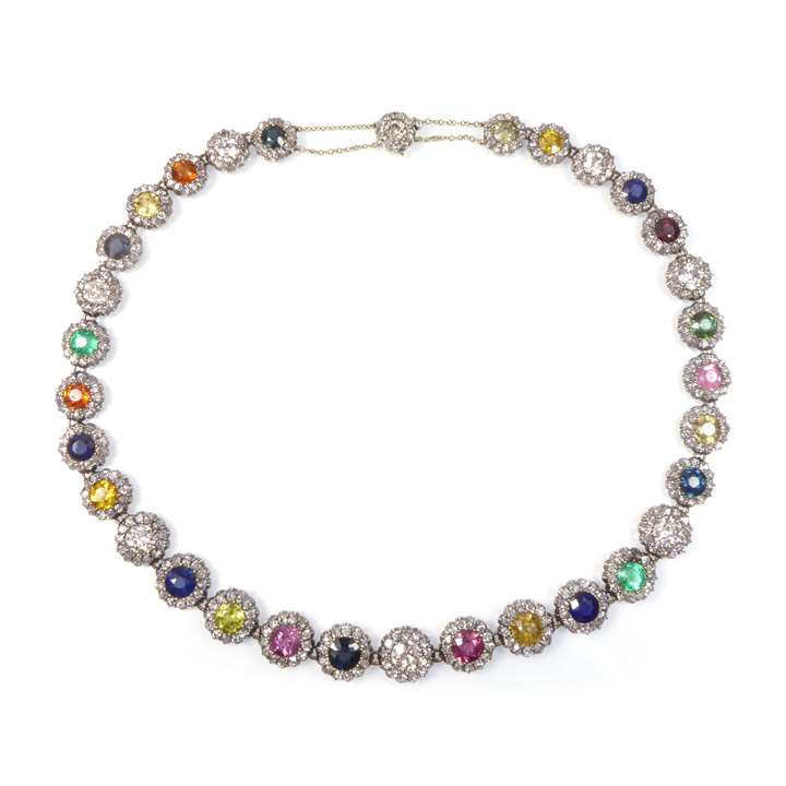 Graduated vari-coloured gem and diamond cluster necklace